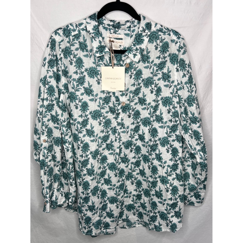 NWT CYNTHIA ROWLEY Womens Sz 1X 100% Linen Green Floral Blouse Resortwear Summer